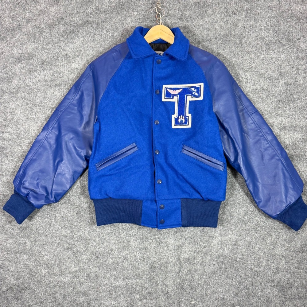 Meca Varsity Letterman Jacket Bomber Unisex XSmall Blue Melton Wool EUC 4370